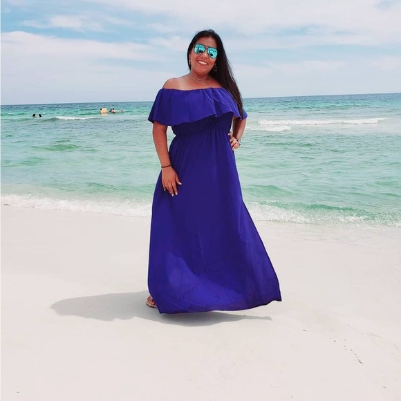 Elegant Blue Off-Shoulder Maxi Dress - Picture 1 of 3